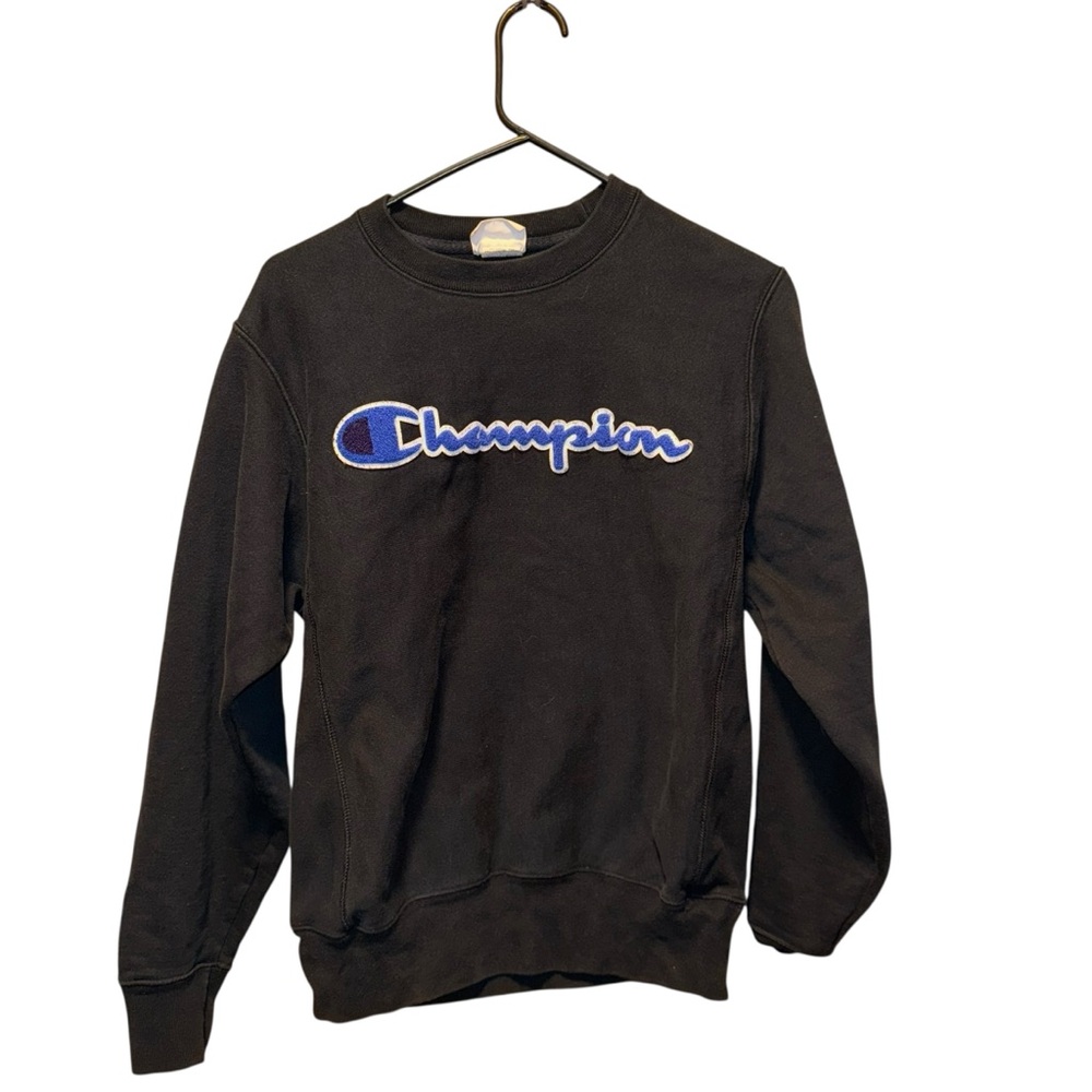 Champion Black Reverse Weave Crewneck Sweater with Embroidered Logo